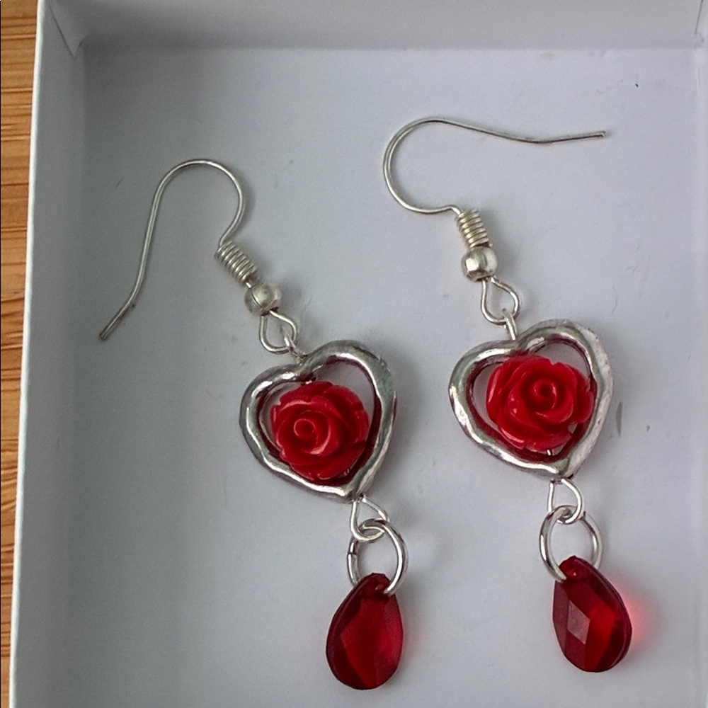 Silver Heart Earrings with Red Rose Accents